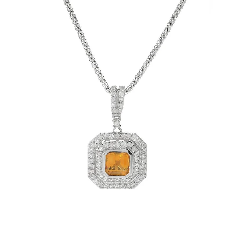 elegant silver heart pendant -Sterling Silver Citrine & White Zircon Halo Pendant w/ 18" Chain