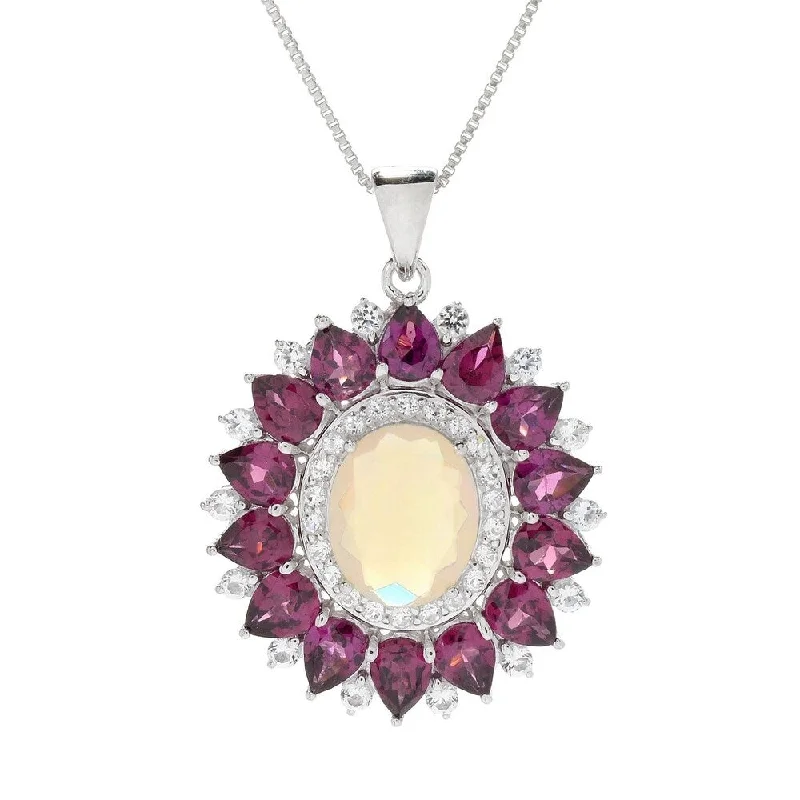 women’s pendant necklace with charm -Sterling Silver Ethiopian Opal & Rhodolite Flower Pendant w/ Chain