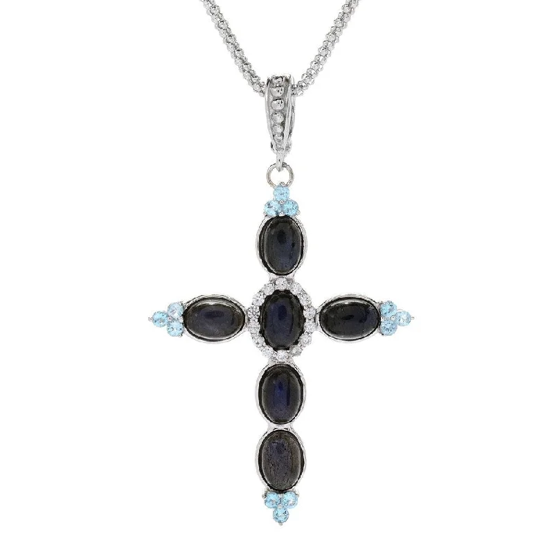 crystal pendant necklace with initials -Sterling Silver Labradorite & Gem Cross Pendant w/ 18" Chain