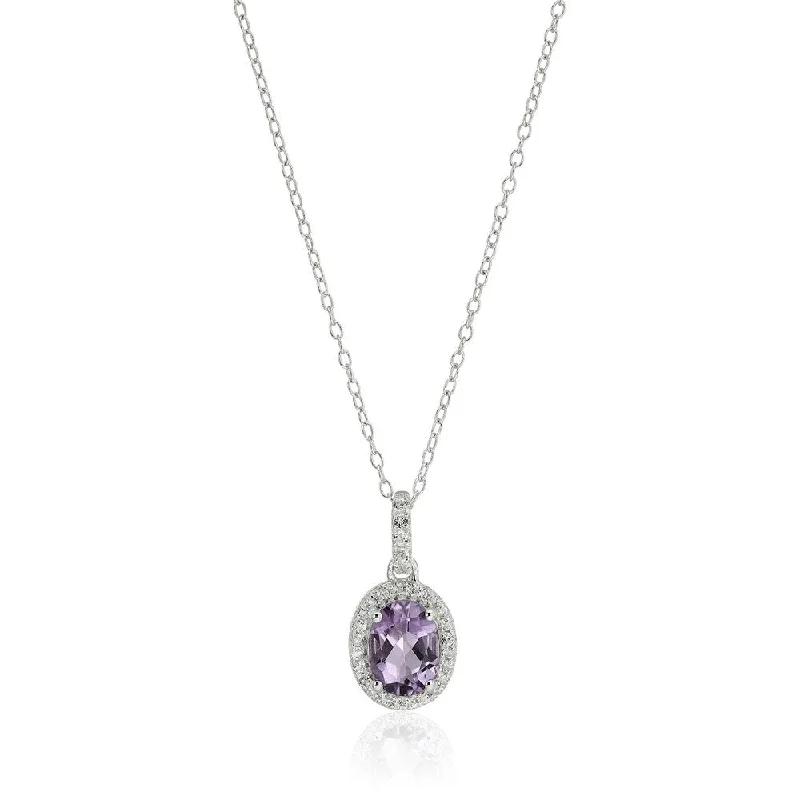 moon and stars pendant necklace -Sterling Silver Oval Amethyst and White Topaz Pendant Necklace, 18"