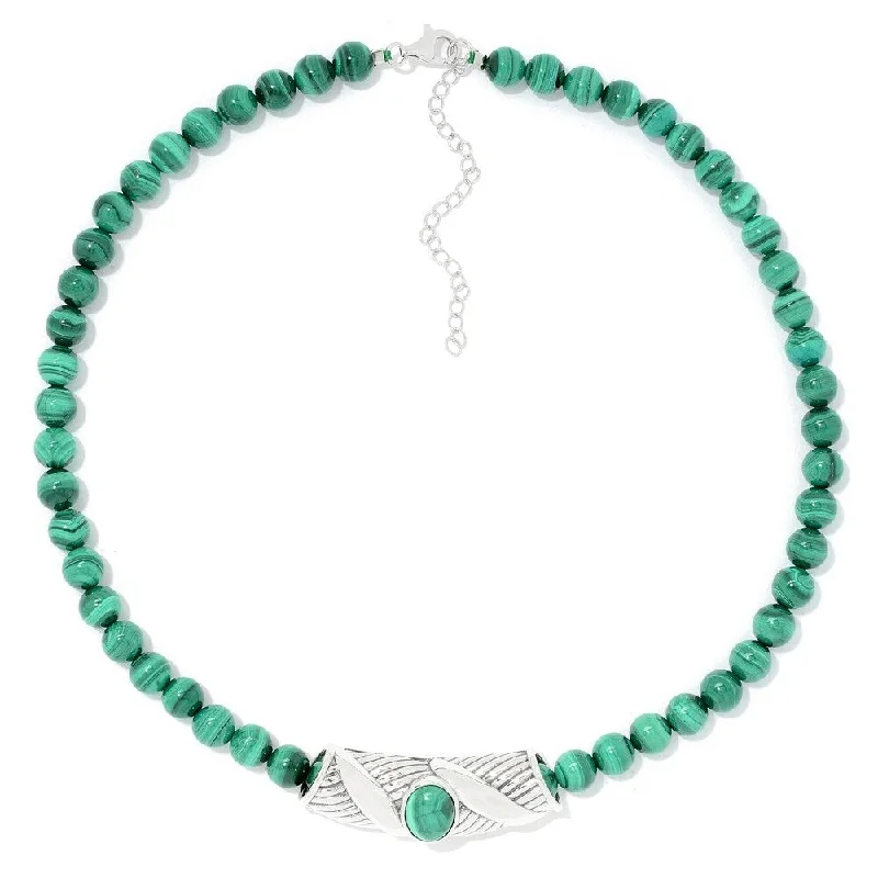 elegant gemstone pendant necklace -Sterling Silver Oval Malachite Slide Pendant & 18" Bead Necklace