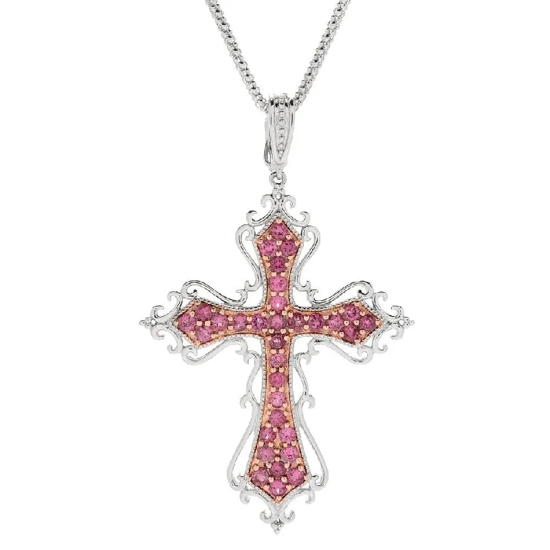 personalized charm pendant necklace -Sterling Silver Pink Tourmaline Cross Enhancer w/ 18" Popcorn Chain