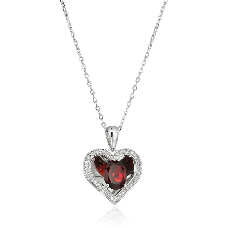 personalized crystal pendant necklace -Sterling Silver Red Garnet Reflection Heart Pendant Necklace, 18"