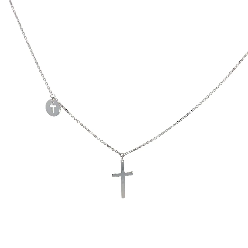 crystal pendant necklace with initials -White Gold Cross Dangle + Disk Necklace