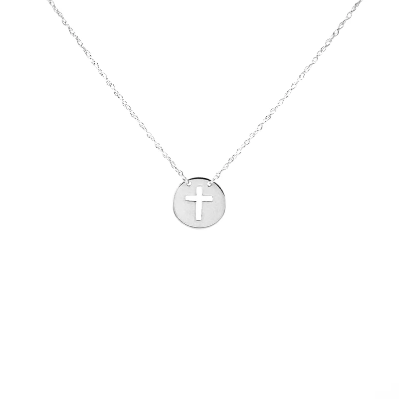 engraved moon pendant necklace -White Gold Cross Disc Necklace