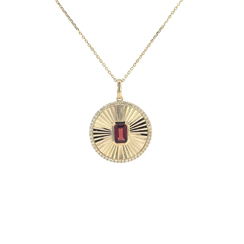 custom engraved necklace with charm -Yellow Gold Garnet Disk Necklace