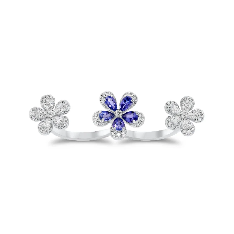 personalized gold rings with sapphires-Tanzanite & Diamond Flower Two-Finger Ring