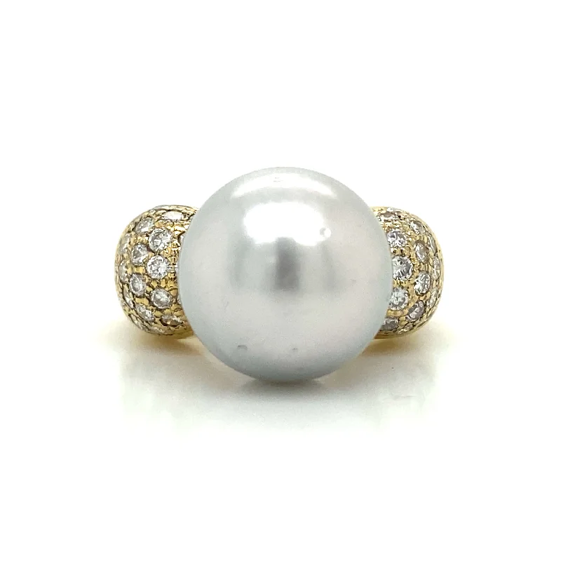 women’s rings with emerald diamonds and sapphires-Tahitian Pearl Pave Ring in 18K Yellow Gold