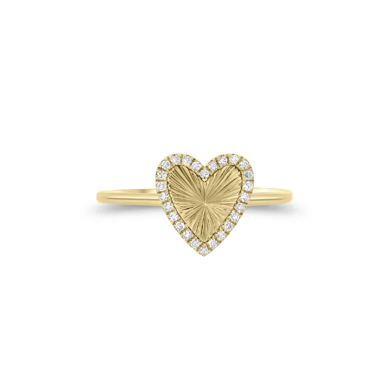 silver wedding bands with custom designs for men-Diamond & Ridged Gold Heart Ring