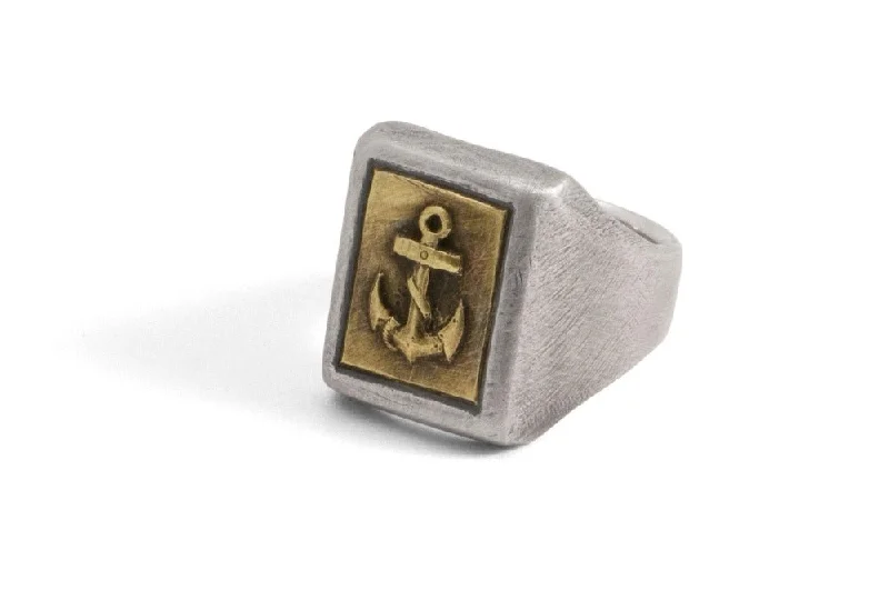 men’s rings with diamonds and sapphires for engagement-#037 - Signet Ring Anchor