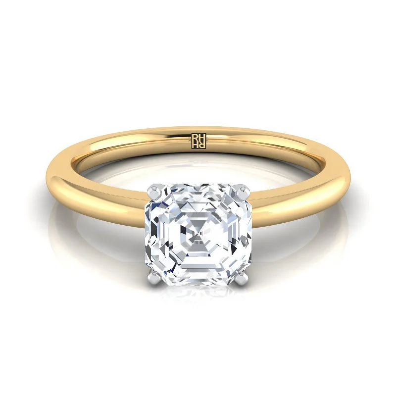 silver rings for men with sapphires and diamonds-14K Yellow Gold Asscher Cut  Round Comfort Fit Claw Prong Solitaire Engagement Ring