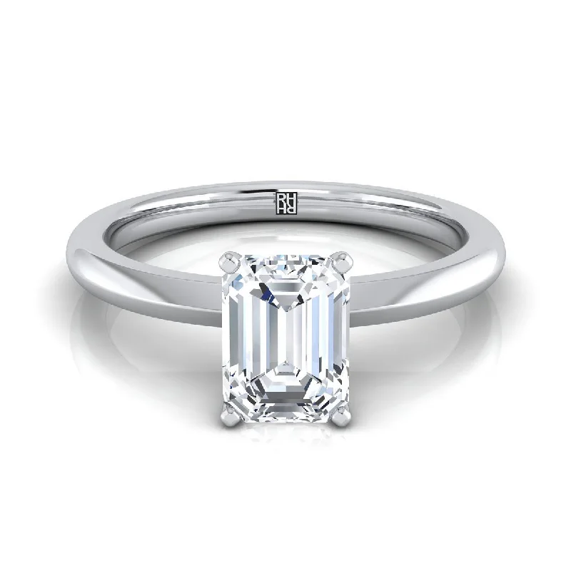 men’s rings with diamonds and rubies for engagement-Platinum Emerald Cut  Petite Knife Edge Solitaire Engagement Ring