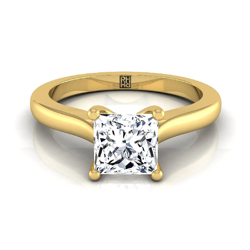 classic wedding rings with rubies and diamonds-14K Yellow Gold Princess Cut Comfort Fit Cathedral Solitaire Diamond Engagement Ring