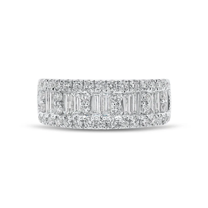 platinum rings for women with sapphires and emeralds-Baguette & Round Diamond Thick Wedding Band