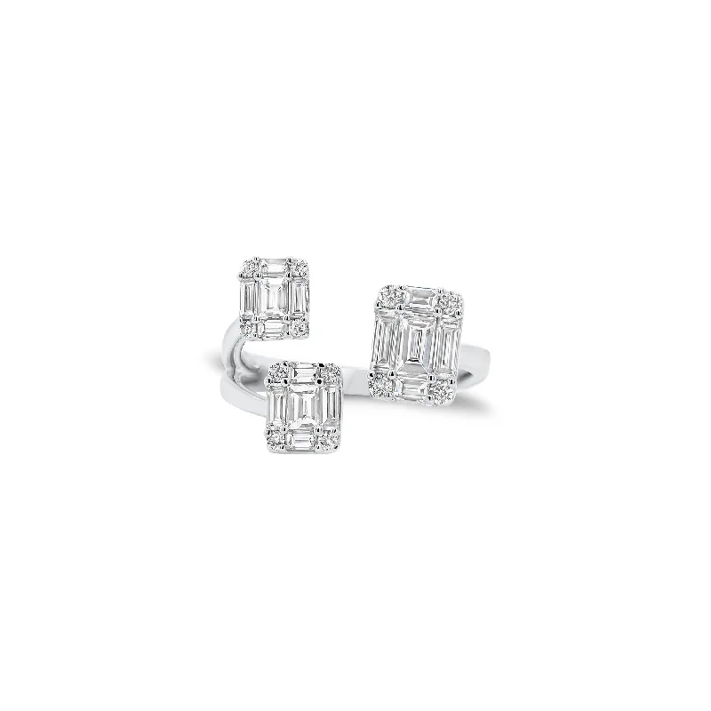 custom engagement rings with sapphire center stones-Emerald Cut Diamond Illusion Trio Open Ring