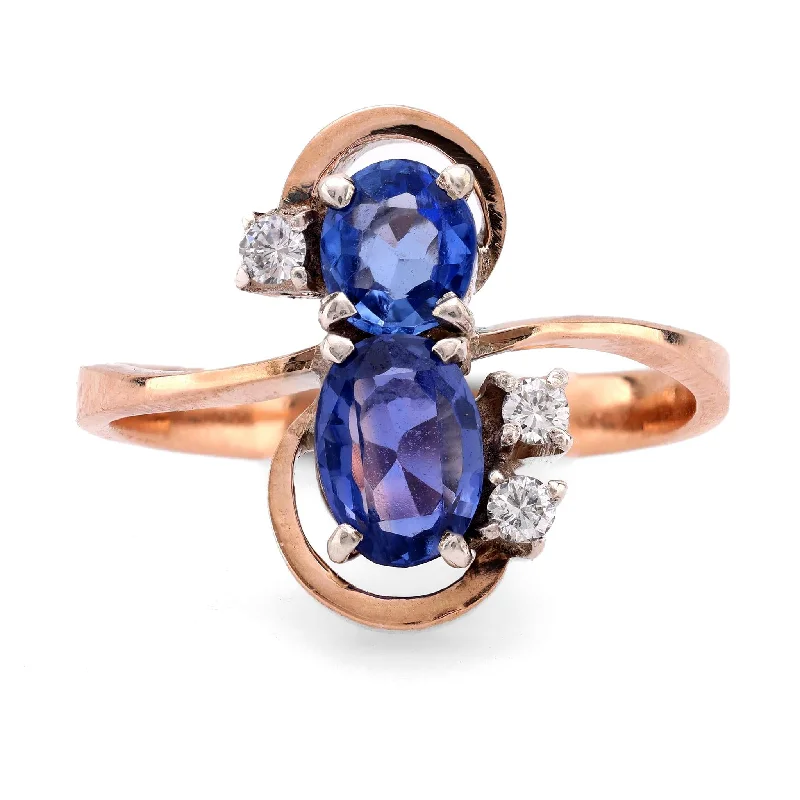 custom engagement rings with diamonds and sapphires-Antique style sapphire diamond 10k rose gold silver Toi Et Moi ring