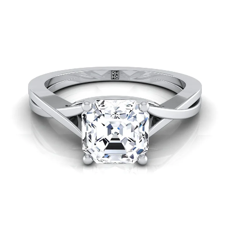 gold wedding bands with diamonds for couples-Platinum Asscher Cut Delicate Twist Solitaire Engagement Ring