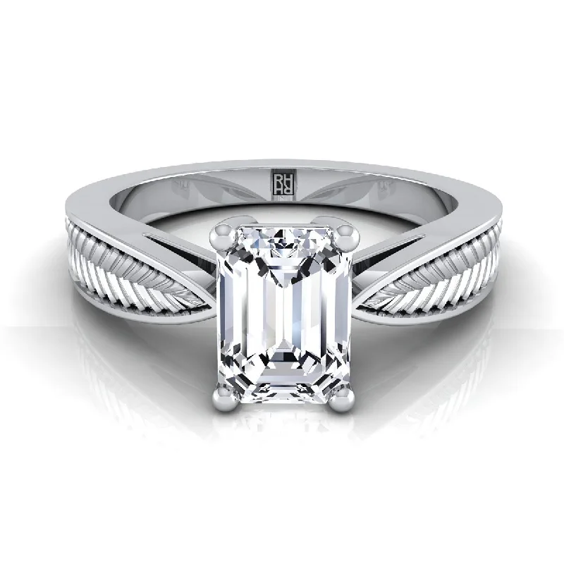 women’s wedding rings with sapphire stones and diamonds-Platinum Emerald Cut Vintage Inspired Leaf Pattern Pinched Solitaire Engagement Ring