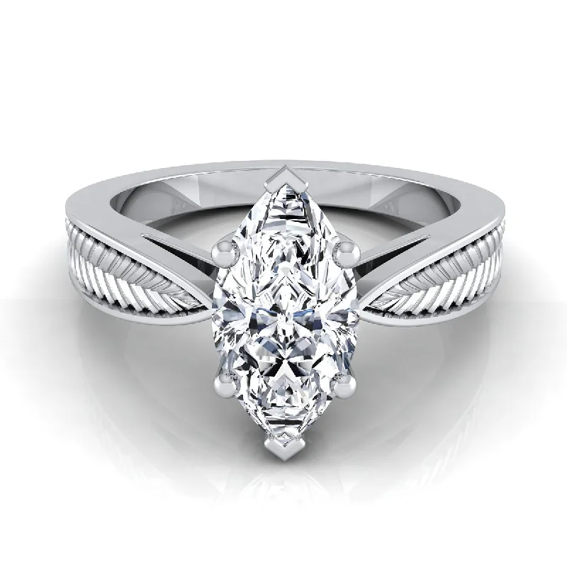 vintage platinum wedding rings for women with diamonds-Platinum Marquise  Vintage Inspired Leaf Pattern Pinched Solitaire Engagement Ring