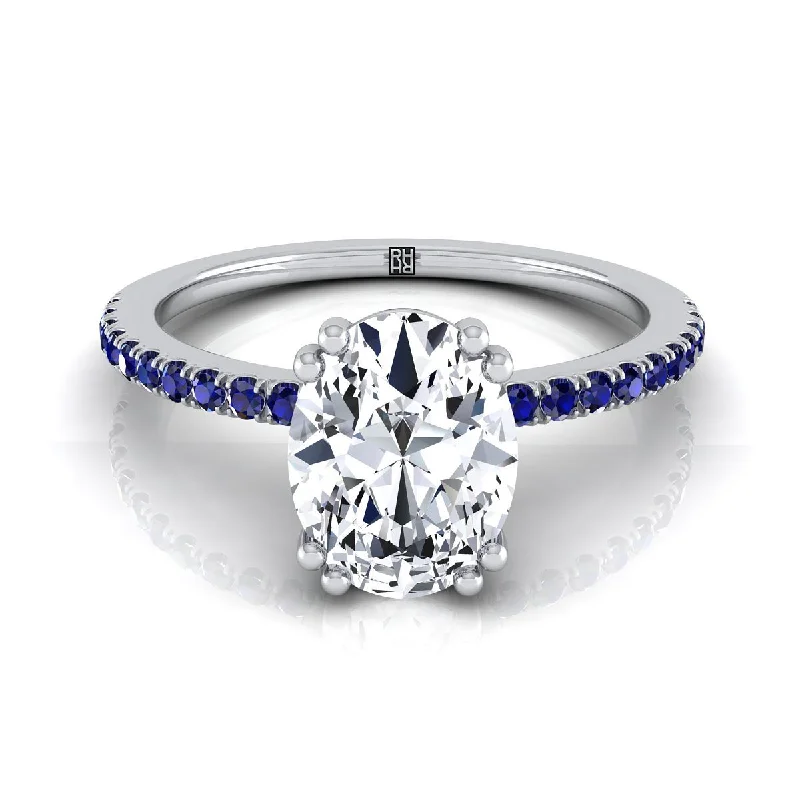 women’s rings with diamonds and colored sapphires-Platinum Oval  Simple French Pave Double Claw Prong Diamond Engagement Ring