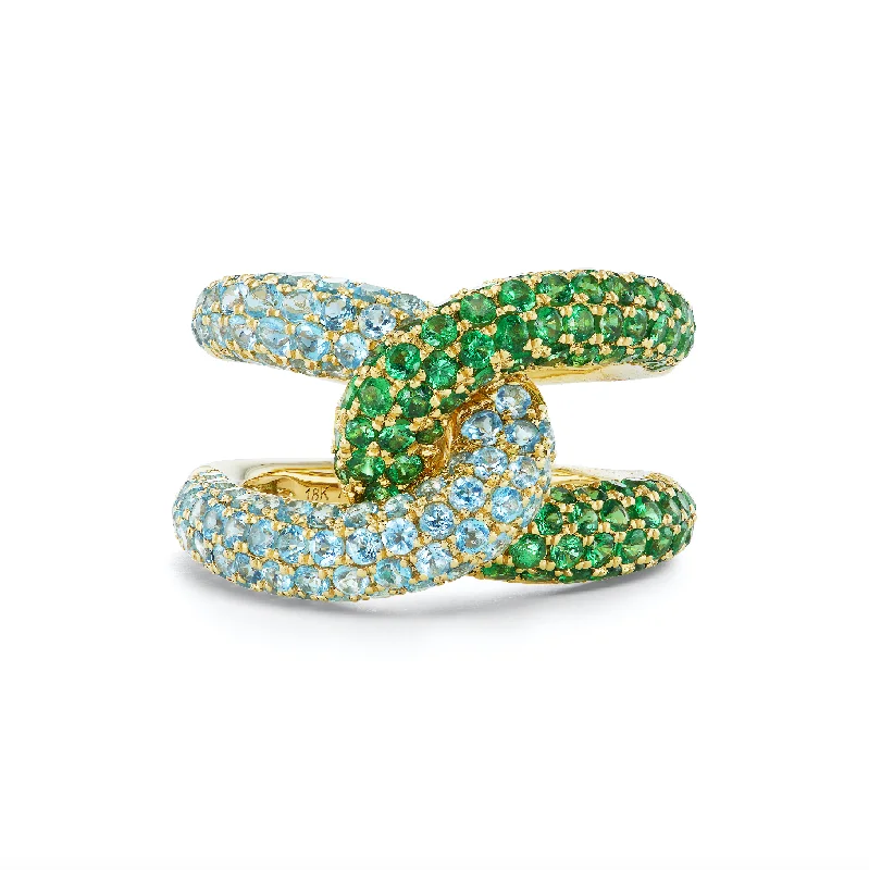 custom wedding bands with diamonds and sapphires-Intertwin Ring Tsavorite & Blue Topaz