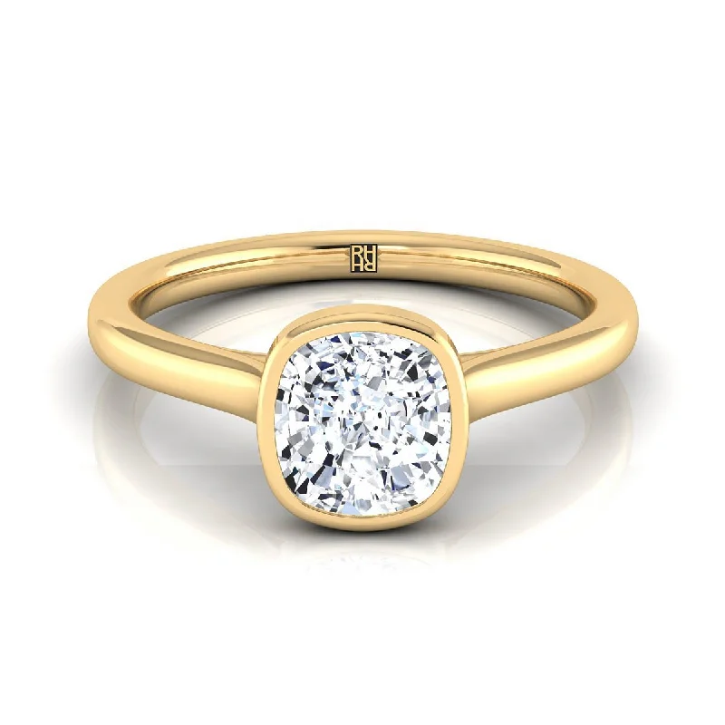 custom gold wedding rings with diamonds-14K Yellow Gold Cushion  Simple Bezel Solitaire Engagement Ring