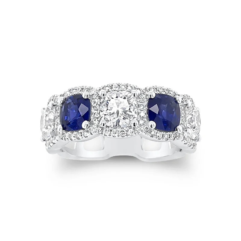 women’s rings with diamonds and colored sapphires-Cushion Cut Diamond and Sapphire Band