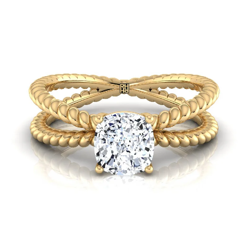 custom platinum wedding bands for couples-14K Yellow Gold Cushion Criss Cross Twisted Rope Solitaire Engagement Ring