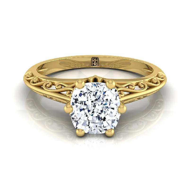 men’s engagement rings with multi-colored stones and diamonds-14K Yellow Gold Cushion  Delicate Vintage Scroll Cut Out Solitaire Engagement Ring