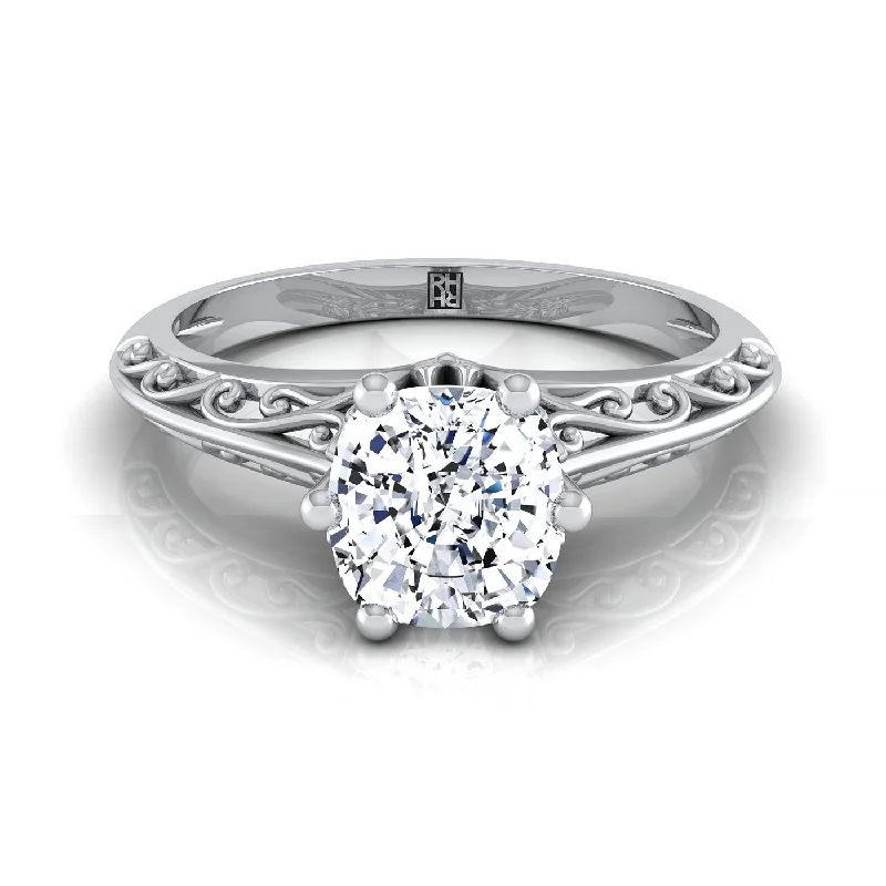 men’s rings with custom designs and diamonds-Platinum Cushion  Delicate Vintage Scroll Cut Out Solitaire Engagement Ring