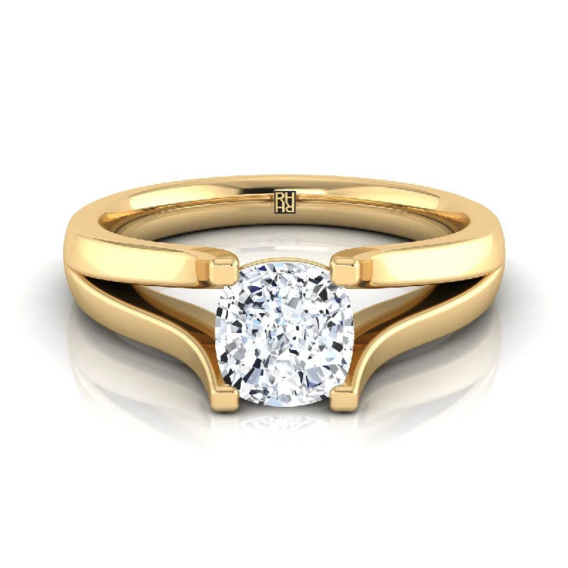 silver wedding rings with cubic zirconia for men-14K Yellow Gold Cushion Modern Split Shank Solitaire Engagement Ring