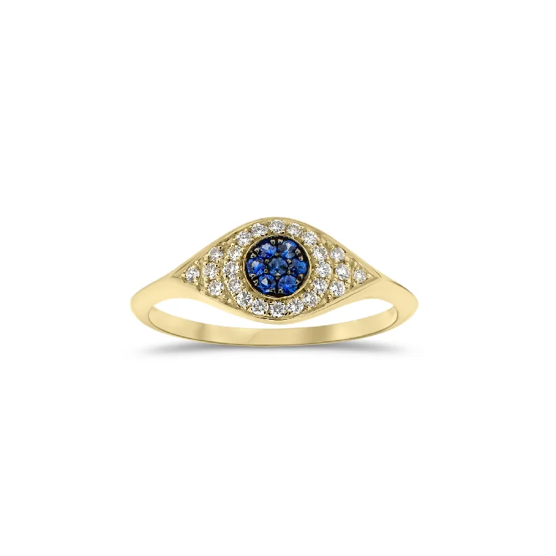 custom engagement rings with sapphire center stones-Diamond and Sapphire Evil Eye Ring