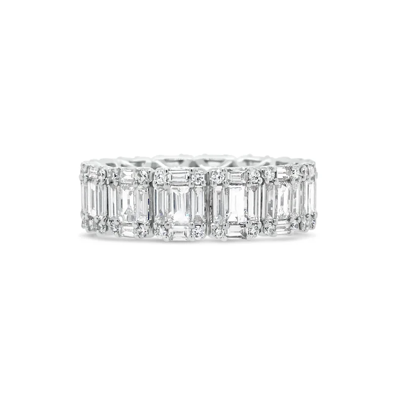 silver wedding rings with diamonds and emeralds-Illusion set Baguette & Round Eternity Ring