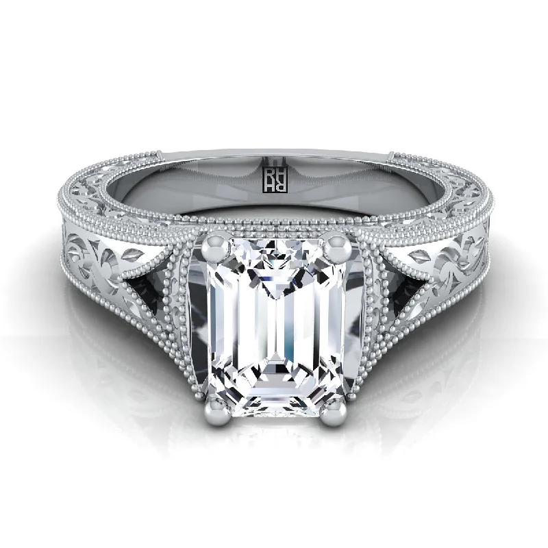 luxury wedding rings with colored diamonds-Platinum Emerald Cut  Hand Engraved and Milgrain Vintage Solitaire Engagement Ring