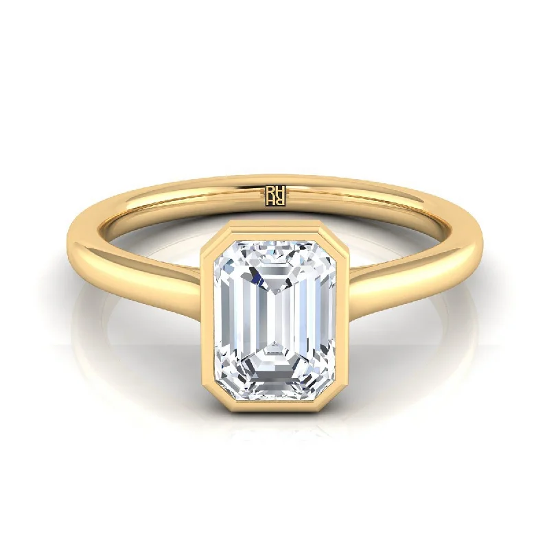 women’s wedding bands with emerald gemstones-14K Yellow Gold Emerald Cut  Simple Bezel Solitaire Engagement Ring