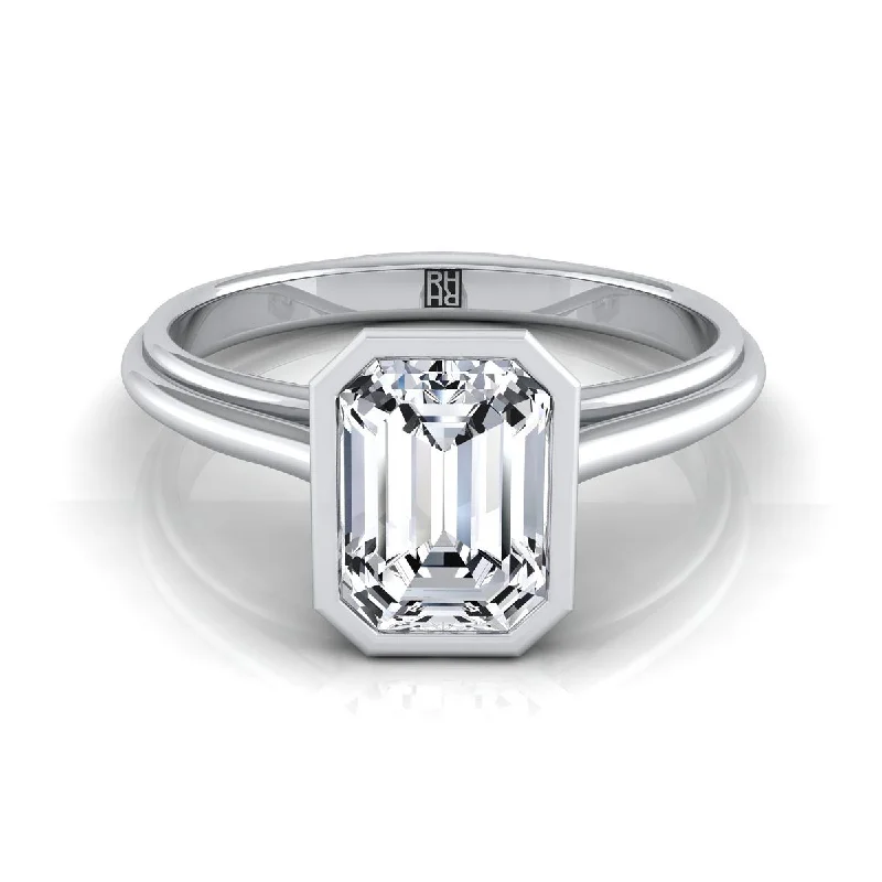 men’s platinum engagement rings with sapphires and diamonds-Platinum Emerald Cut  Bezel Halo Cathedral Solitaire Engagement Ring