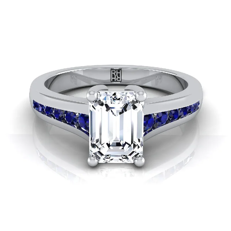 personalized gold rings with sapphires-Platinum Emerald Cut Contemporary Tapered Blue Sapphire Channel Engagement Ring