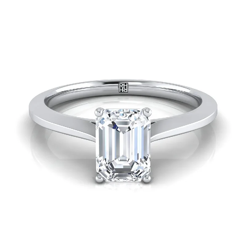 women’s custom wedding rings with diamonds and sapphires-Platinum Emerald Cut  Timeless Solitaire Comfort Fit Engagement Ring