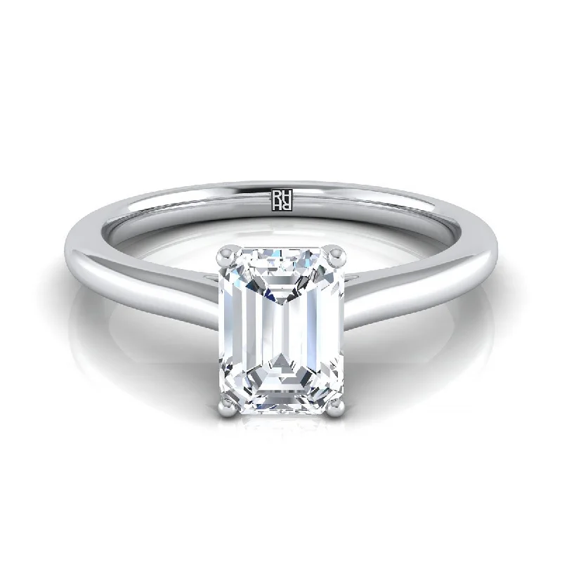 men’s rings with emerald diamonds and sapphires-Platinum Emerald Cut  Pinched Comfort Fit Claw Prong Solitaire Engagement Ring