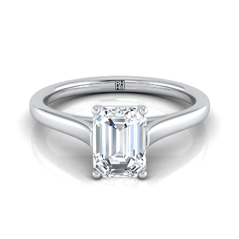 men’s wedding rings with sapphires and rubies-Platinum Emerald Cut  Elegant Cathedral Solitaire Engagement Ring