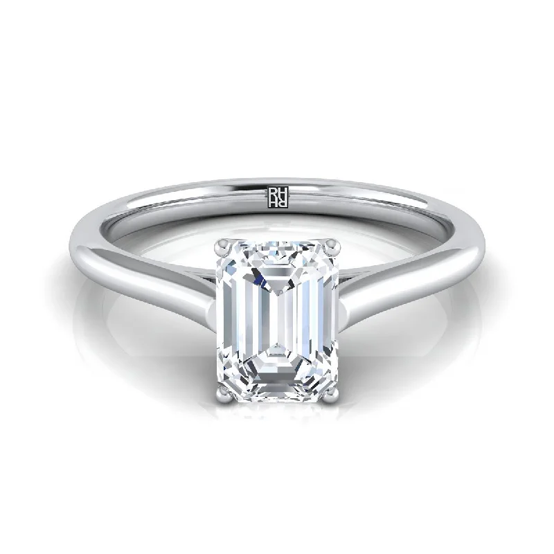 women’s vintage wedding rings with diamonds-Platinum Emerald Cut  Cathedral Style Comfort Fit Solitaire Engagement Ring