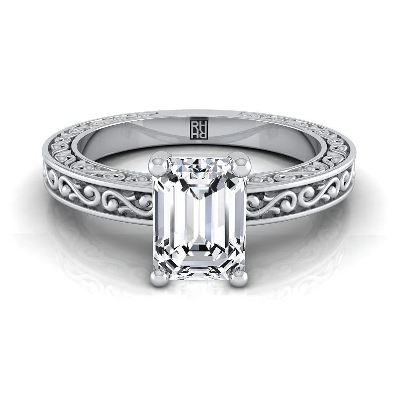 platinum rings with sapphires and diamonds for men-Platinum Emerald Cut Hand Engraved Scroll Vintage Solitaire Engagement Ring