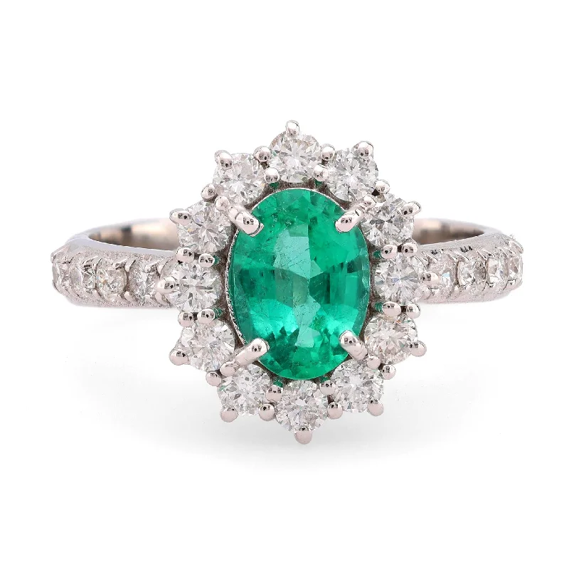 silver engagement rings with multi-stones for women-GIA 1 carat oval cut emerald diamond 18k white gold cluster ring