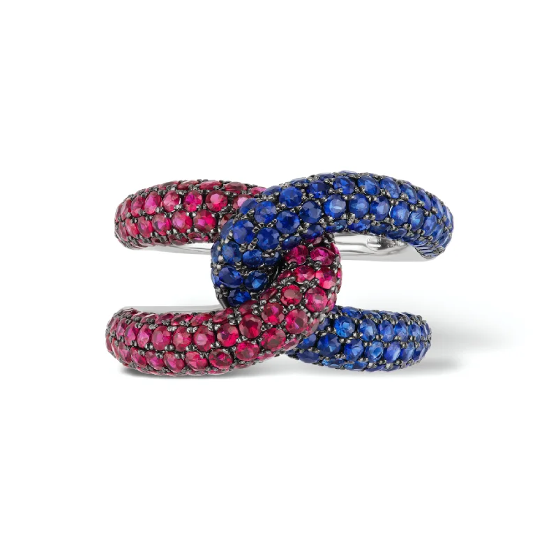 men’s rings with emeralds and sapphires-Intertwin Ring Ruby & Blue Sapphire