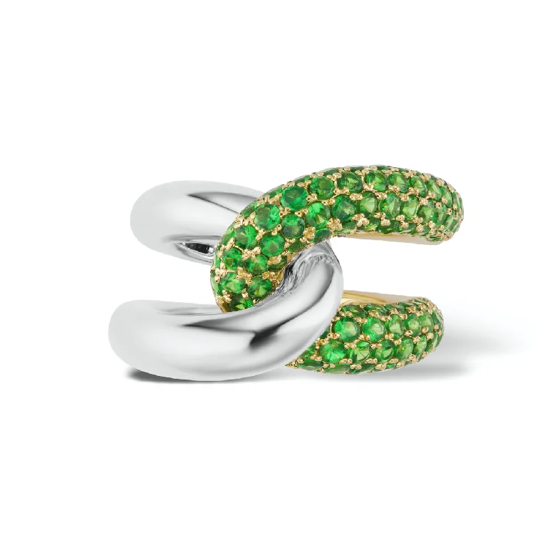 silver engagement rings with multi-colored gemstones-Intertwin Ring 18k Gold & Tsavorite