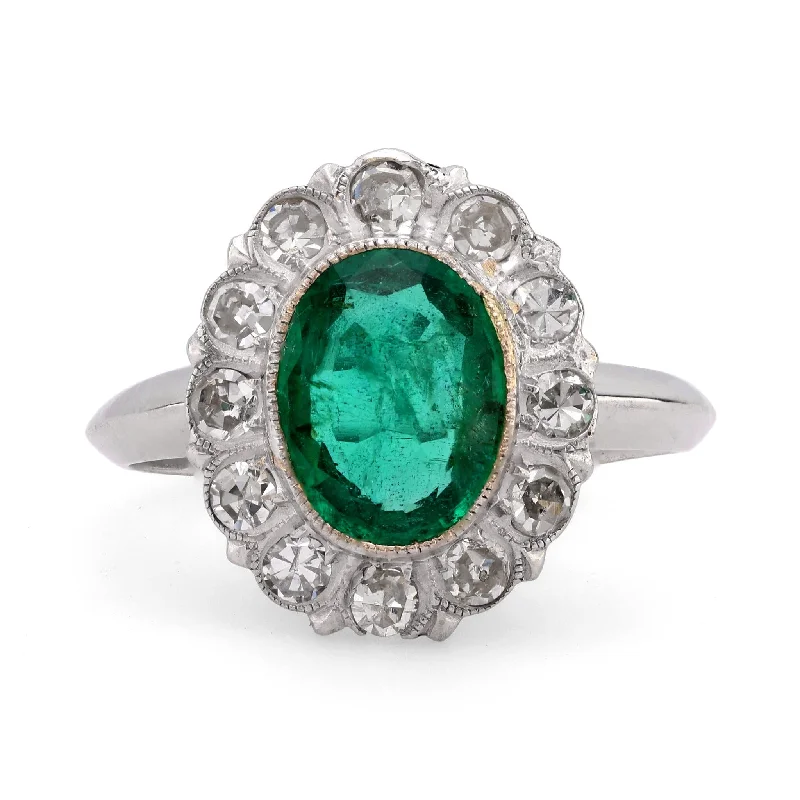 women’s wedding bands with multi-colored gemstones-Mid Century 1.25 carat emerald diamond 10k white gold cluster ring