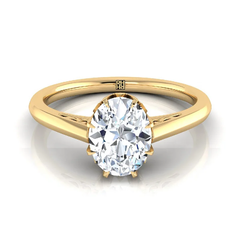 women’s wedding rings with diamonds and emeralds-14K Yellow Gold Oval Antique Scroll Detail Solitaire Engagement Ring