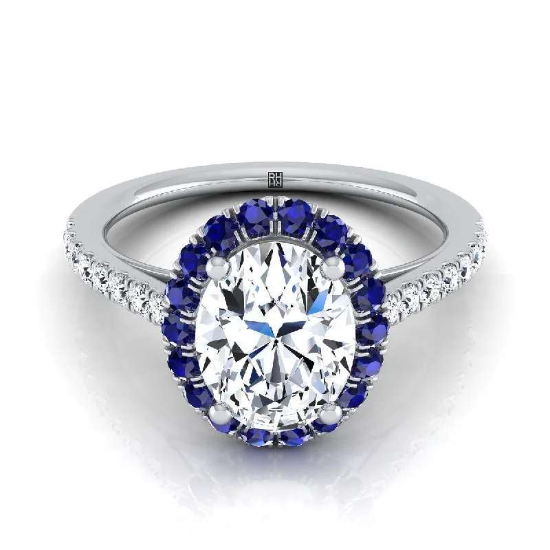 custom engagement rings with diamonds and sapphires-Platinum Oval  Petite Halo French Diamond Pave Engagement Ring -1/5ctw