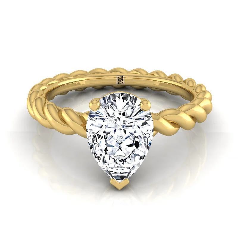 women’s custom wedding rings with sapphires-18K Yellow Gold Pear Shape Center  Twisted Rope Braid Solitaire Band