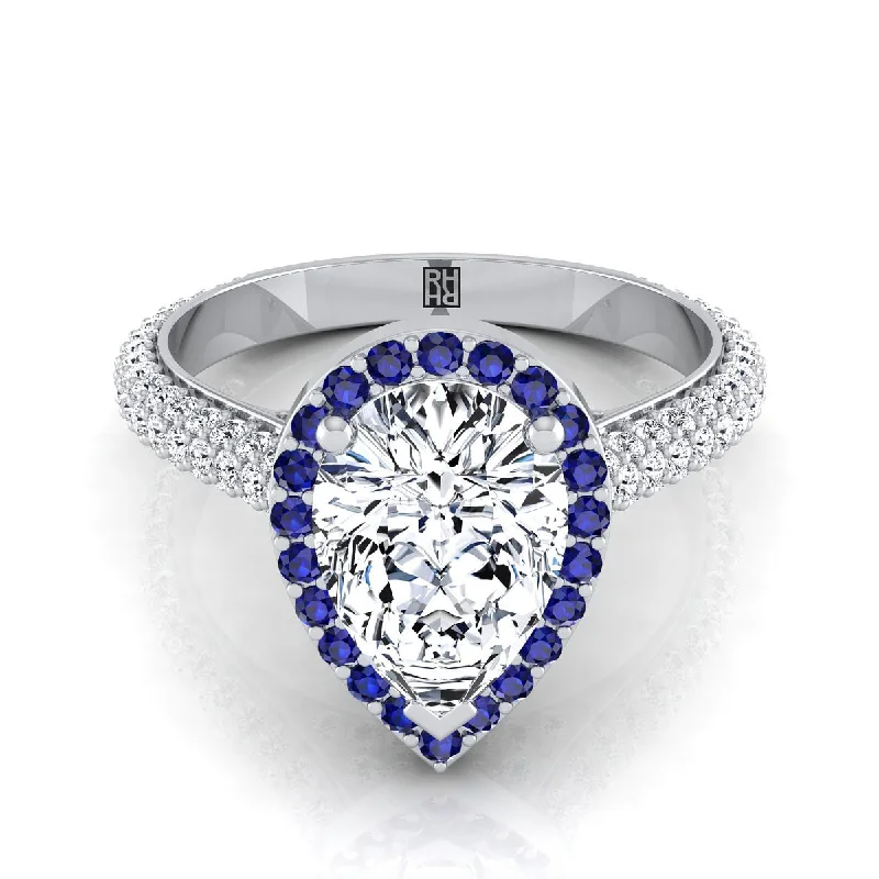 silver rings for men with colored diamonds-Platinum Pear Shape Center Sapphire Micro-Pavé Halo With Pave Side Diamond Engagement Ring -7/8ctw